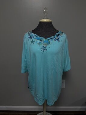 Quacker Factory Seafoam Blue Embellished Short Sleeve Top